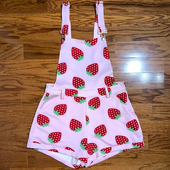 Hot Topic Pink Strawberry Print Shortalls Size Medium - Picture 2 of 12